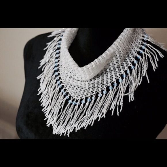 Handmade Bridal White Seed Bead Scarf Necklace | Fringe Beaded Choker Collar - Picture 5 of 7